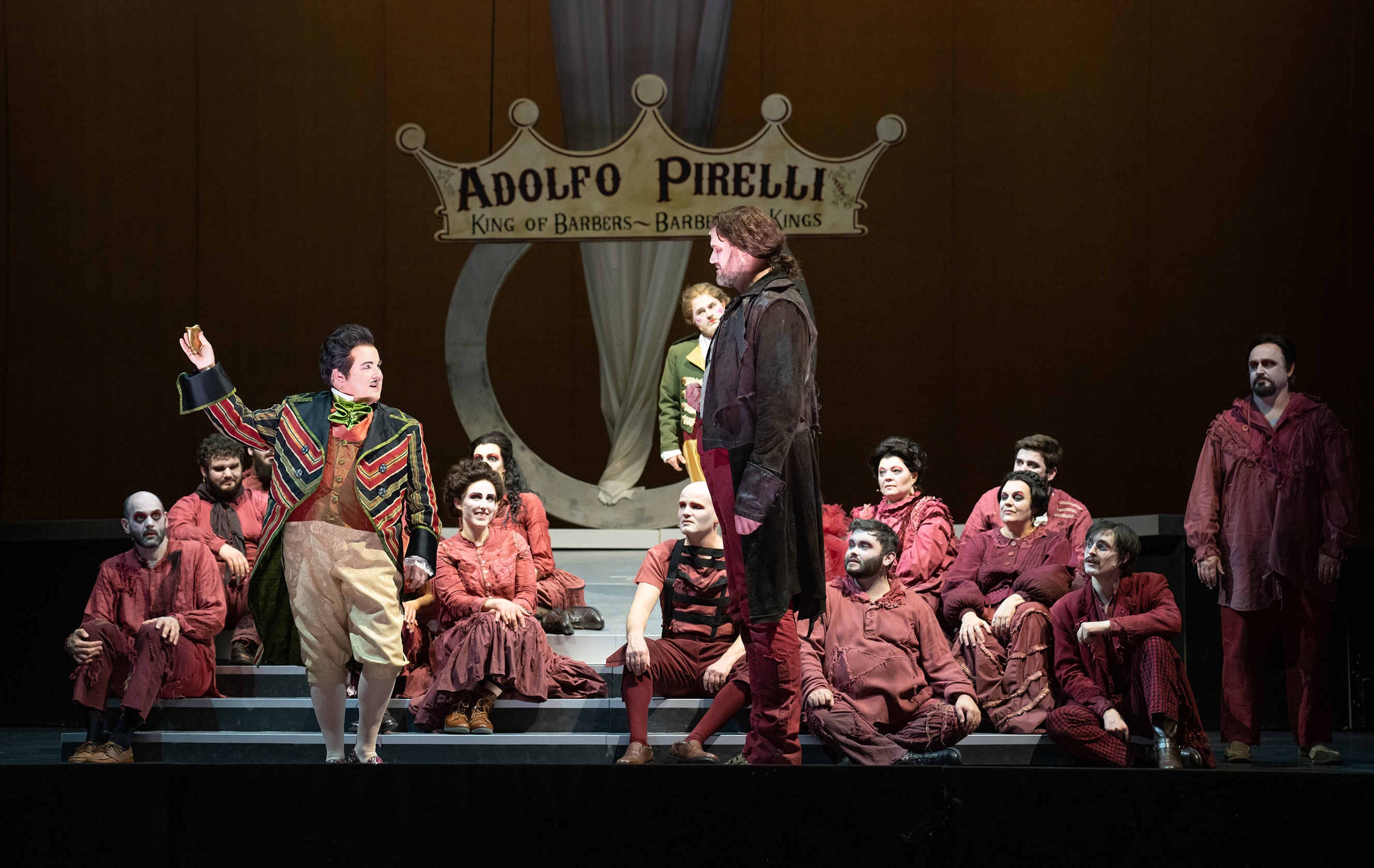 Barry Banks, Jason Ferrante, Zachary James, and the ensemble in Opera Omaha’s 2022 production of Sweeney Todd