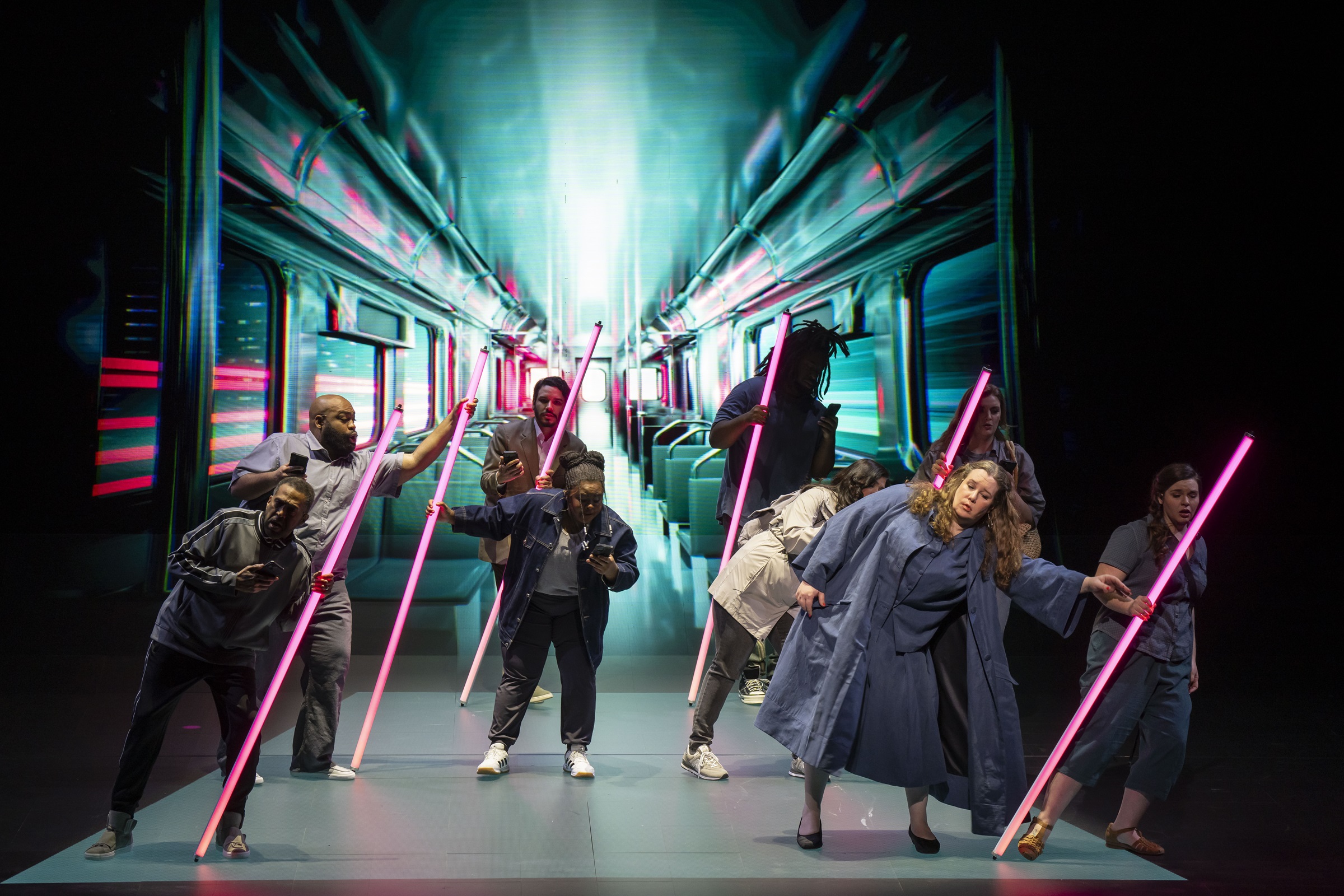Lucia Lucas (in foreground) and the company of Four Portraits, by Caroline Shaw and Jocelyn Clarke, presented as part of the three-opera production Proximity at Lyric Opera of Chicago 2023 (photo: Todd Rosenberg)