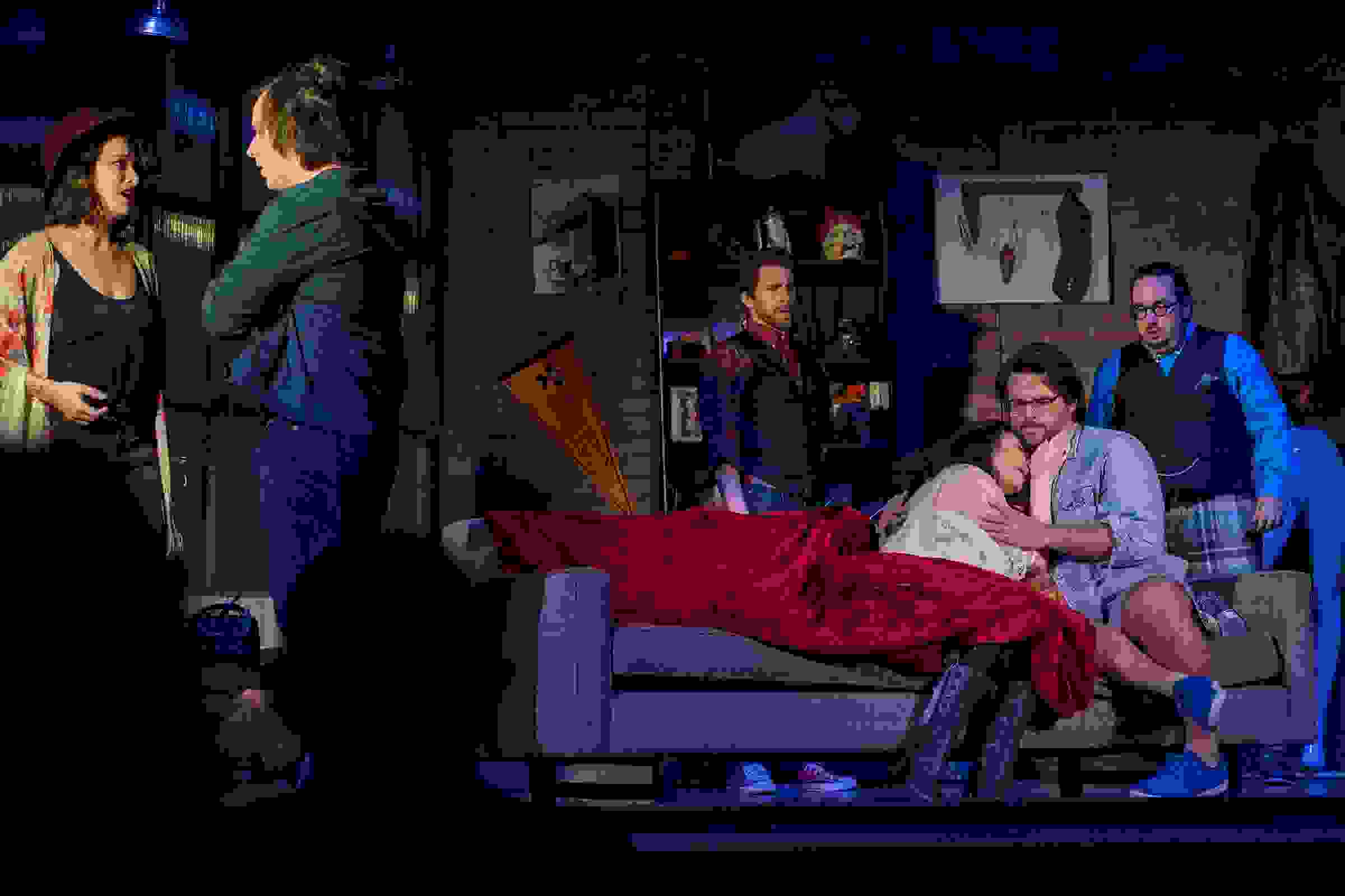 Pacific Opera Project’s La bohème, with Katherine Giaquinto as Musetta, Alex DeSocio as Marcello, Keith Colclough as Colline, Daria Somers as Mimì, Dane Suarez as Rodolfo and E. Scott Levin as Schaunard