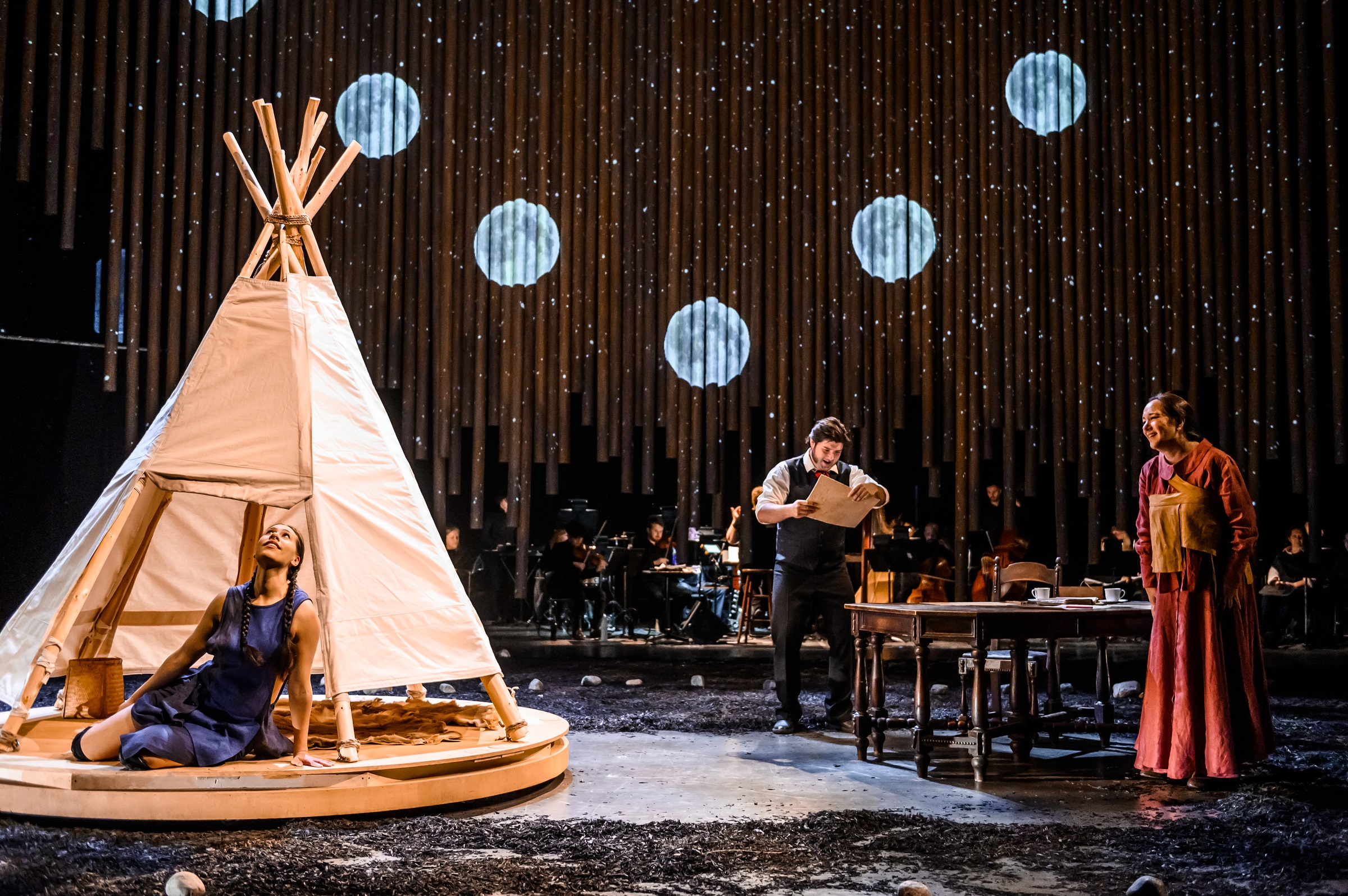 Aria Evans, Clarence Frazer, and Marion Newman in Shanawdithit at Tapestry Opera (Dahlia Katz)