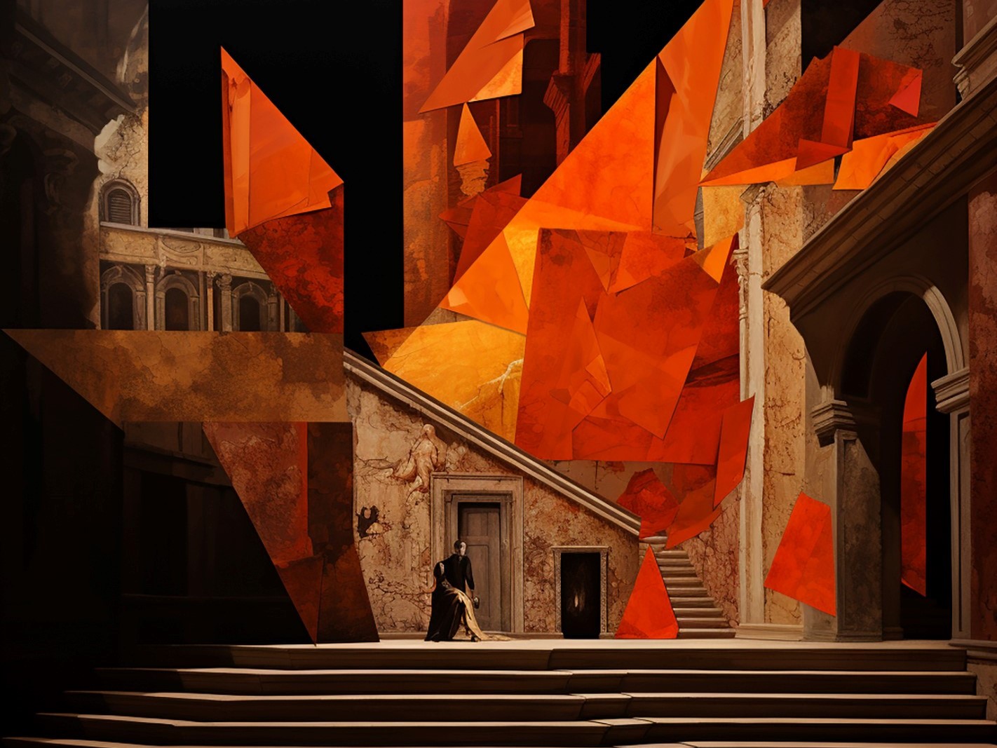 Scenic designer Jefferson Ridenour used AI to help sketch his and director Kristen Barrett’s initial concept for his 2023 Rigoletto production design at Opera Delaware before rendering the finished designs himself.