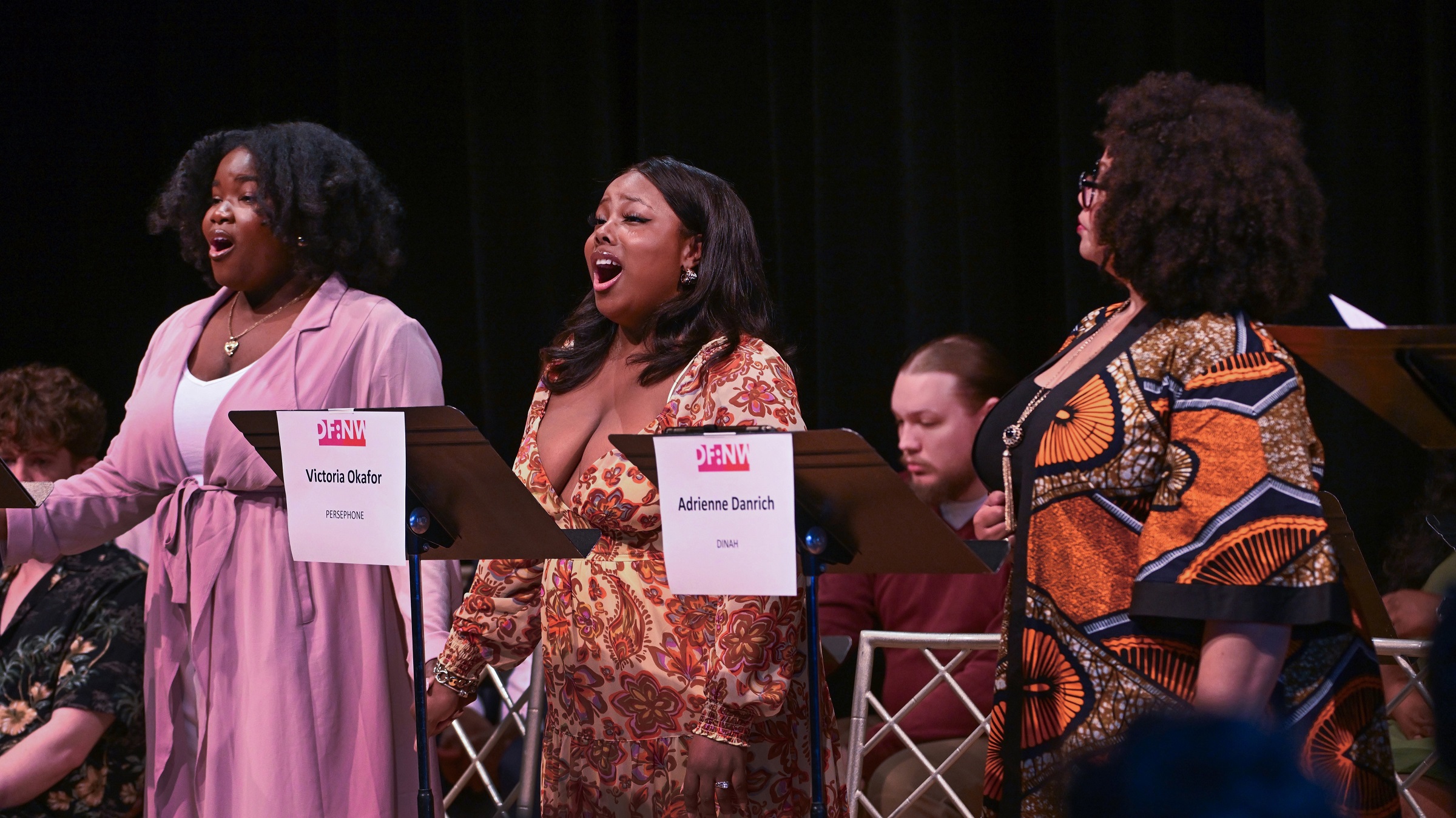 In May, Cincinnati Opera hosted a workshop for Lalovavi by Kevin Day and Tifara Brown, to premiere in June 2025. Pictured: Diamond Sparks, Victoria Okafor, and Adrienne Danrich (photo: Philip Groshong)