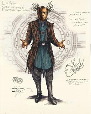 A costume sketch for Loge in the same production