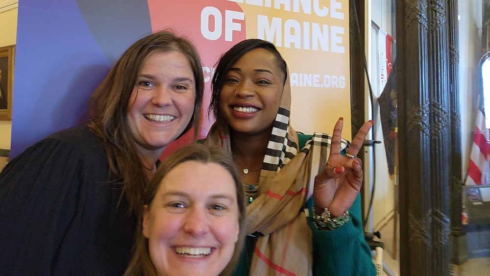 Opera Maine’s executive director, Caroline Koelker (in foreground), with Mollie Cashwell and Ekhlas Ahmed, directors of the Cultural Alliance of Maine. (photo: courtesy of Opera Maine)