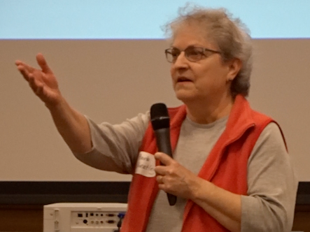 Barbara Wheatley at a town hall meeting