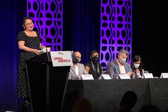 Keynote Speaker Kao Kalia Yang speaks at Opera Conference 2022 in Minneapolis, MN (photo: Dan Norman)