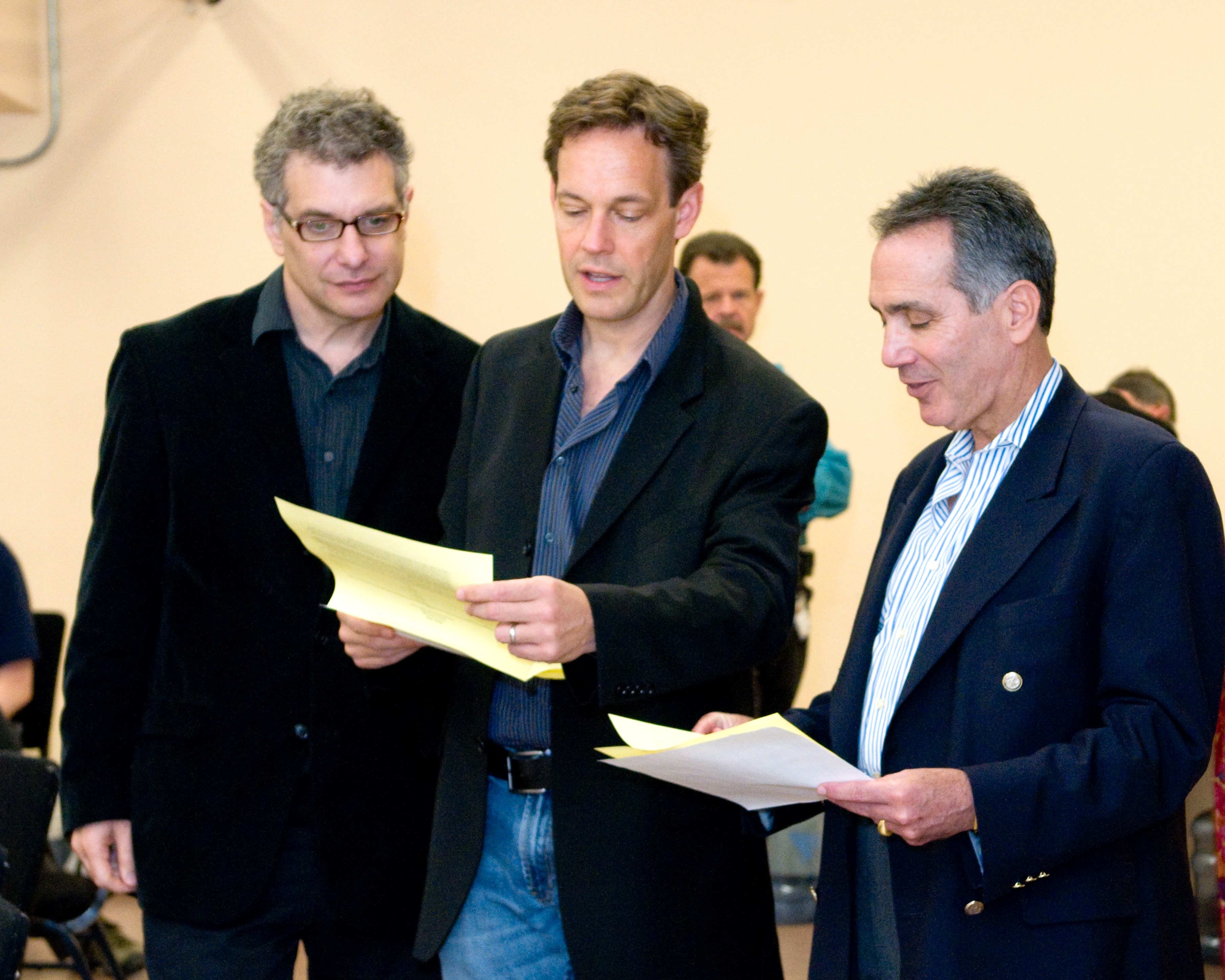 Gene Scheer, Jake Heggie, and Jonathan Pell at a 2010 workshop for Moby-Dick at The Dallas Opera (photo: Karen Almond)